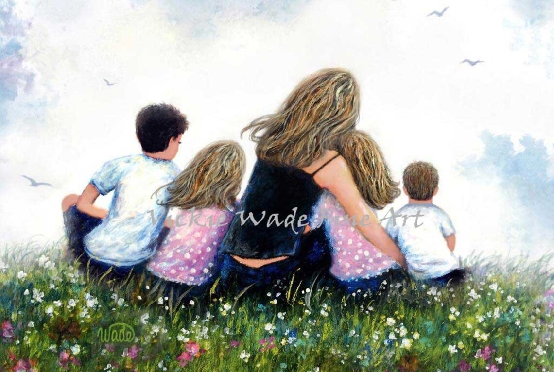 Mother of Four Children in Wildflower Meadow Family Portrait Poster