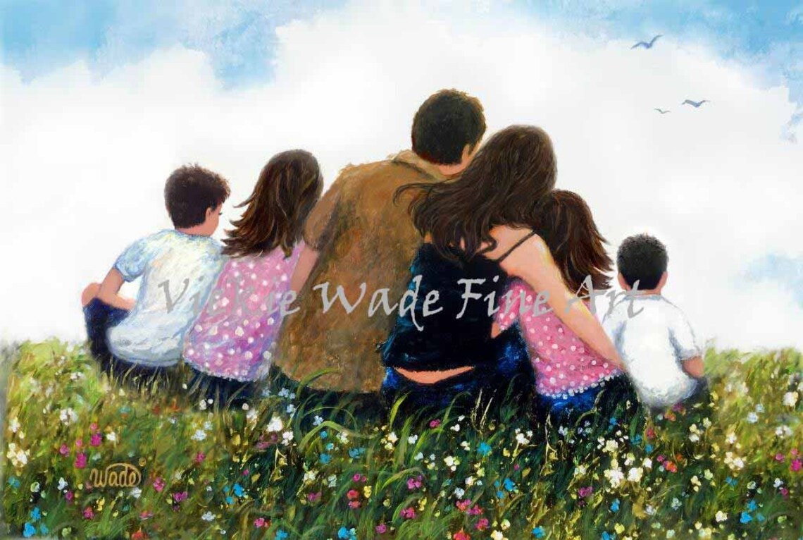 Family of Six Sitting Together in a Blooming Wildflower Meadow Poster