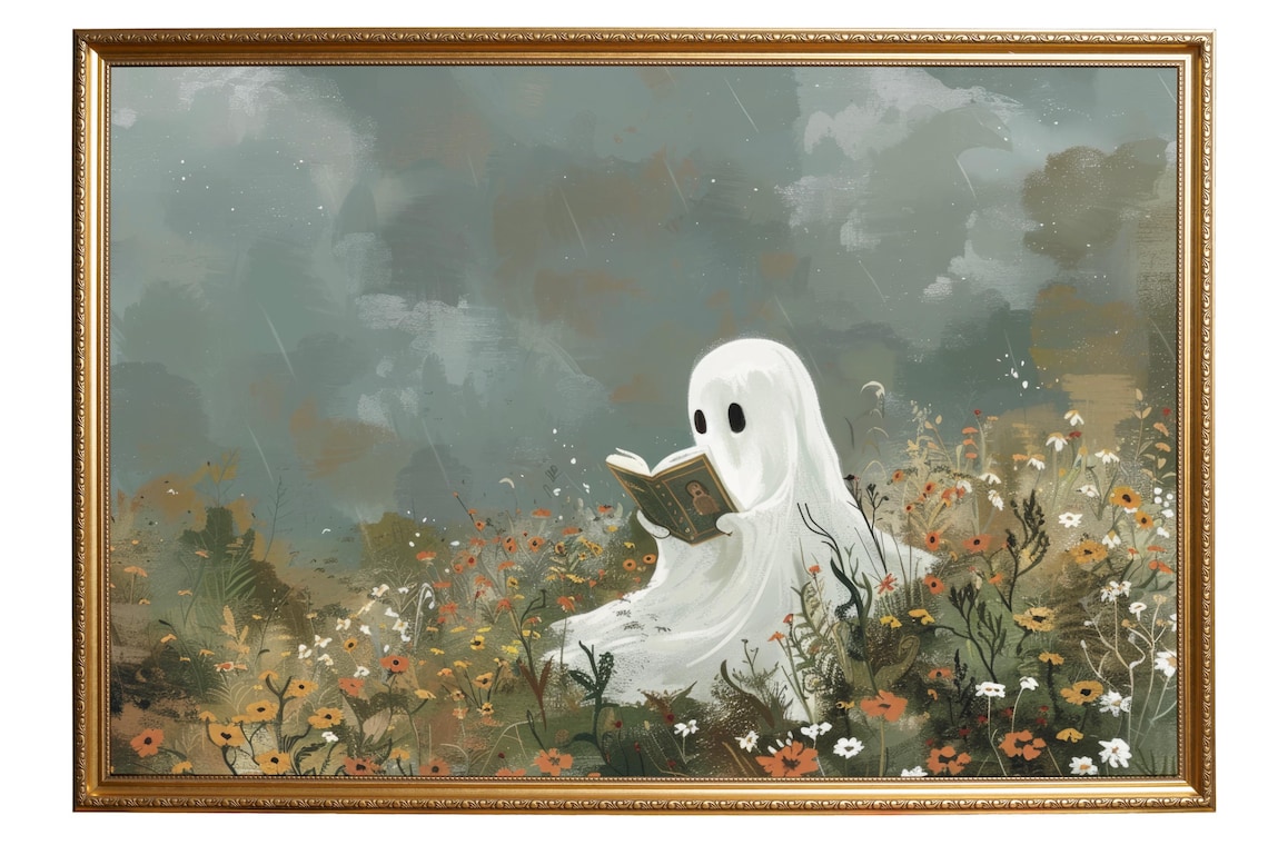 Cute Ghost Reading Print, Vintage Halloween Decor - Image 3