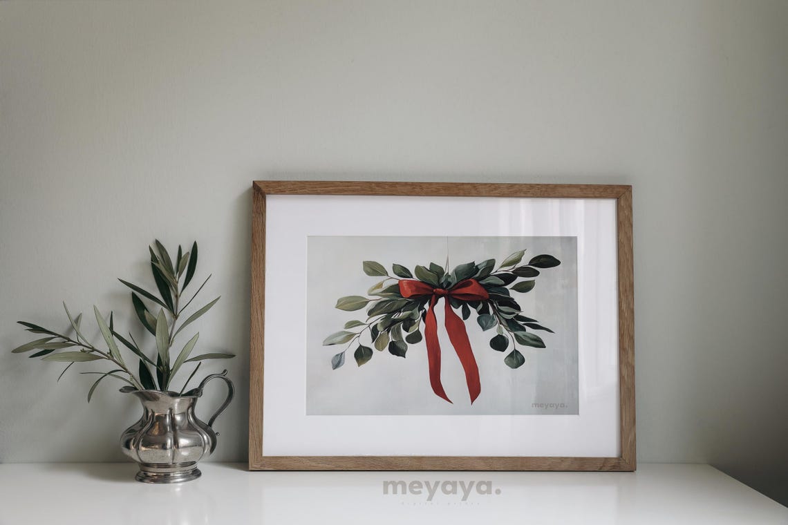 Mistletoe Swag Red Velvet Bow Eucalyptus Minimalist Christmas Poster - Image 3
