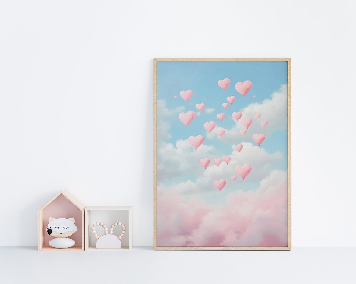 Pink Heart Balloons Floating In A Blue Cloudy Sky Dreamy Poster - Image 5