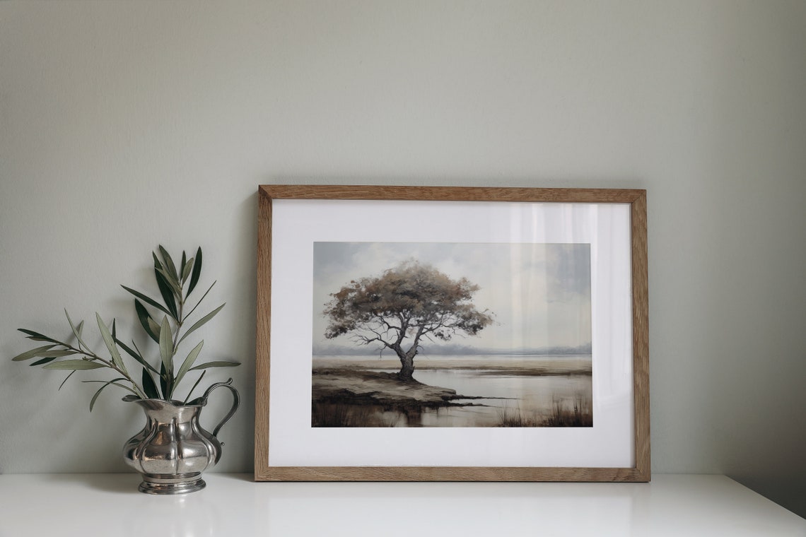 Lone Tree On A Rocky Shore By A Calm Lake Muted Landscape Poster - Image 3