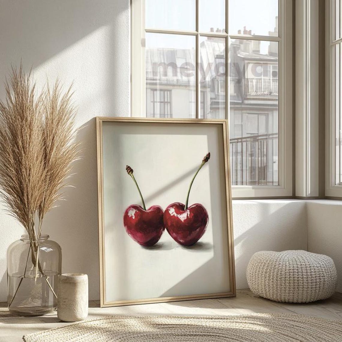 Red Heart Shaped Cherries Pair Romantic Fruit Painting Wall Print - Image 5