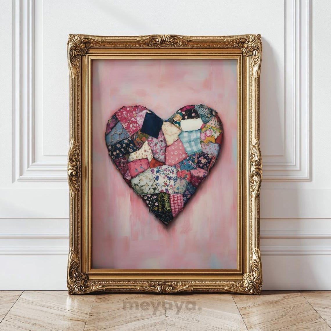 Patchwork Quilt Heart Pink Vintage Folk Art Romantic Wall Print - Image 4