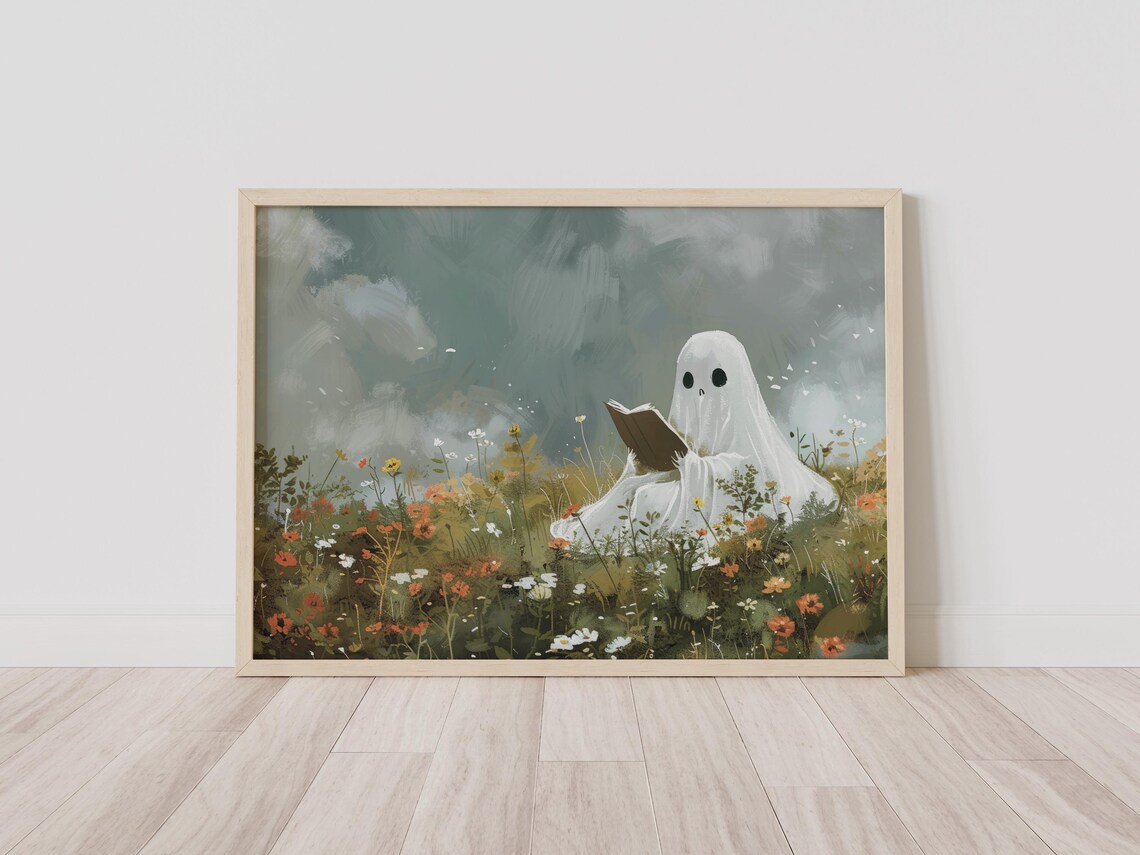 Cute Ghost Reading A Book In A Colorful Wildflower Field Poster - Image 5