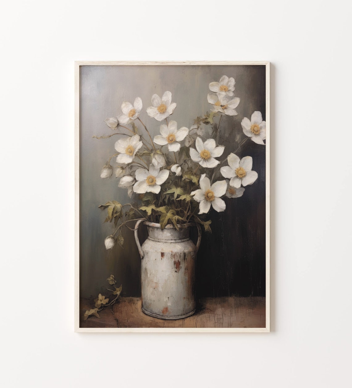 White Flowers In Rustic Pitcher Moody Vintage Still Life Poster - Image 4
