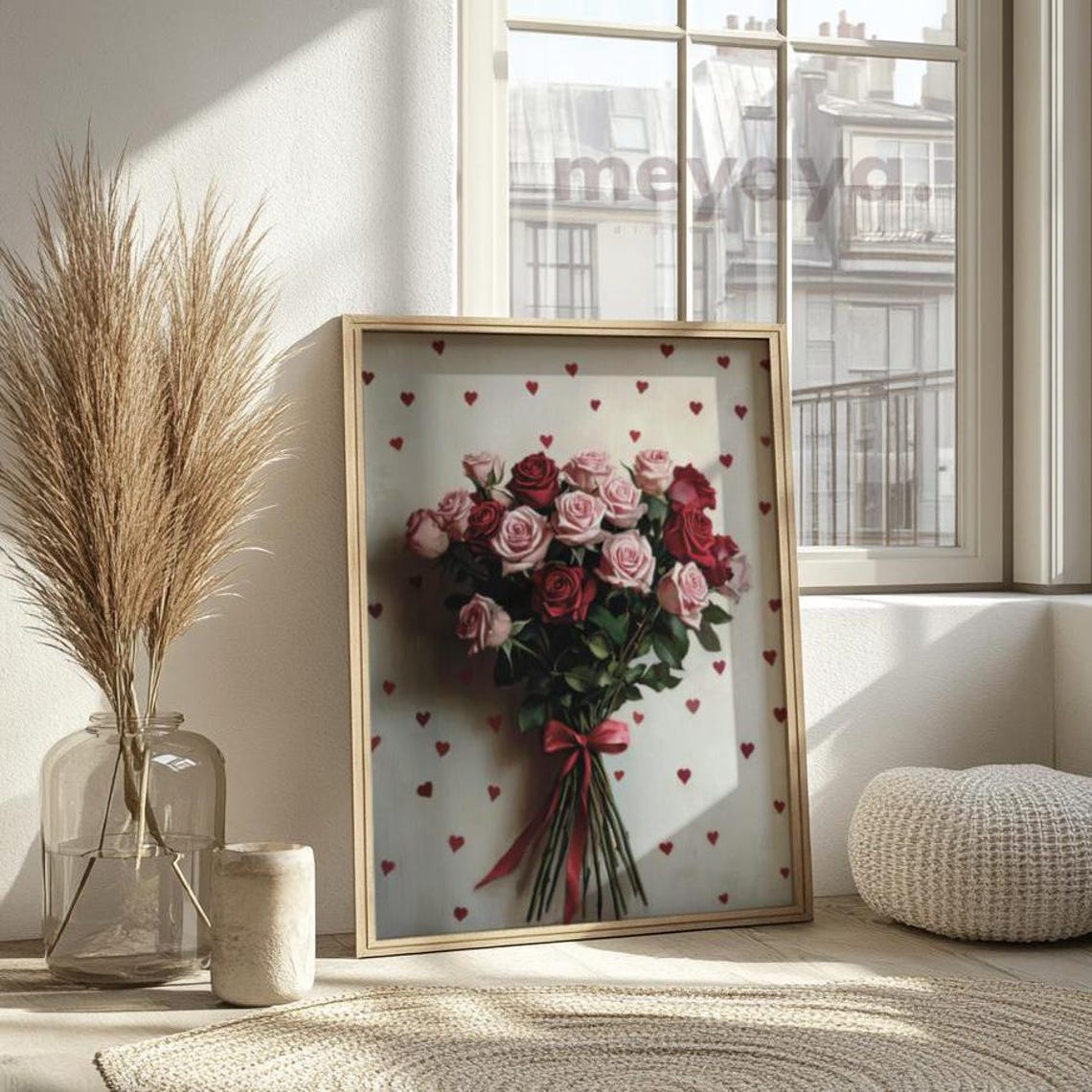 Red Pink Roses Bouquet Romantic Valentines Day Heart Wall Print - Image 4