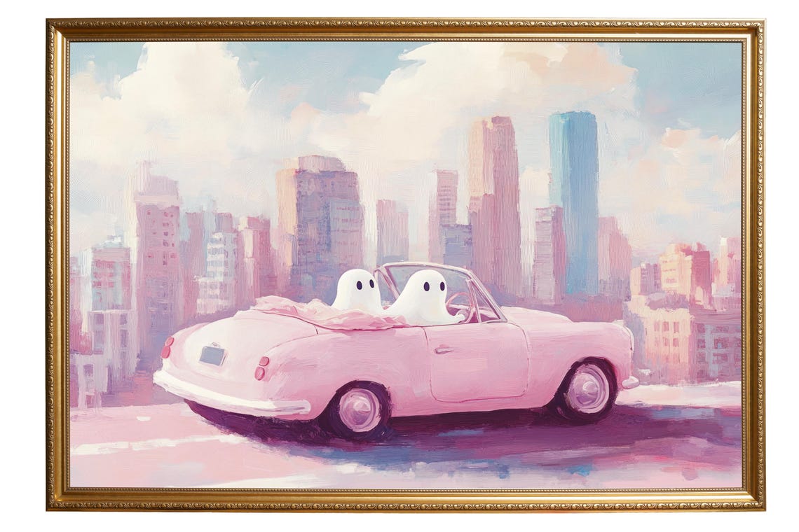 Two Cute Ghosts Riding A Pink Vintage Convertible In The City Poster - Image 6