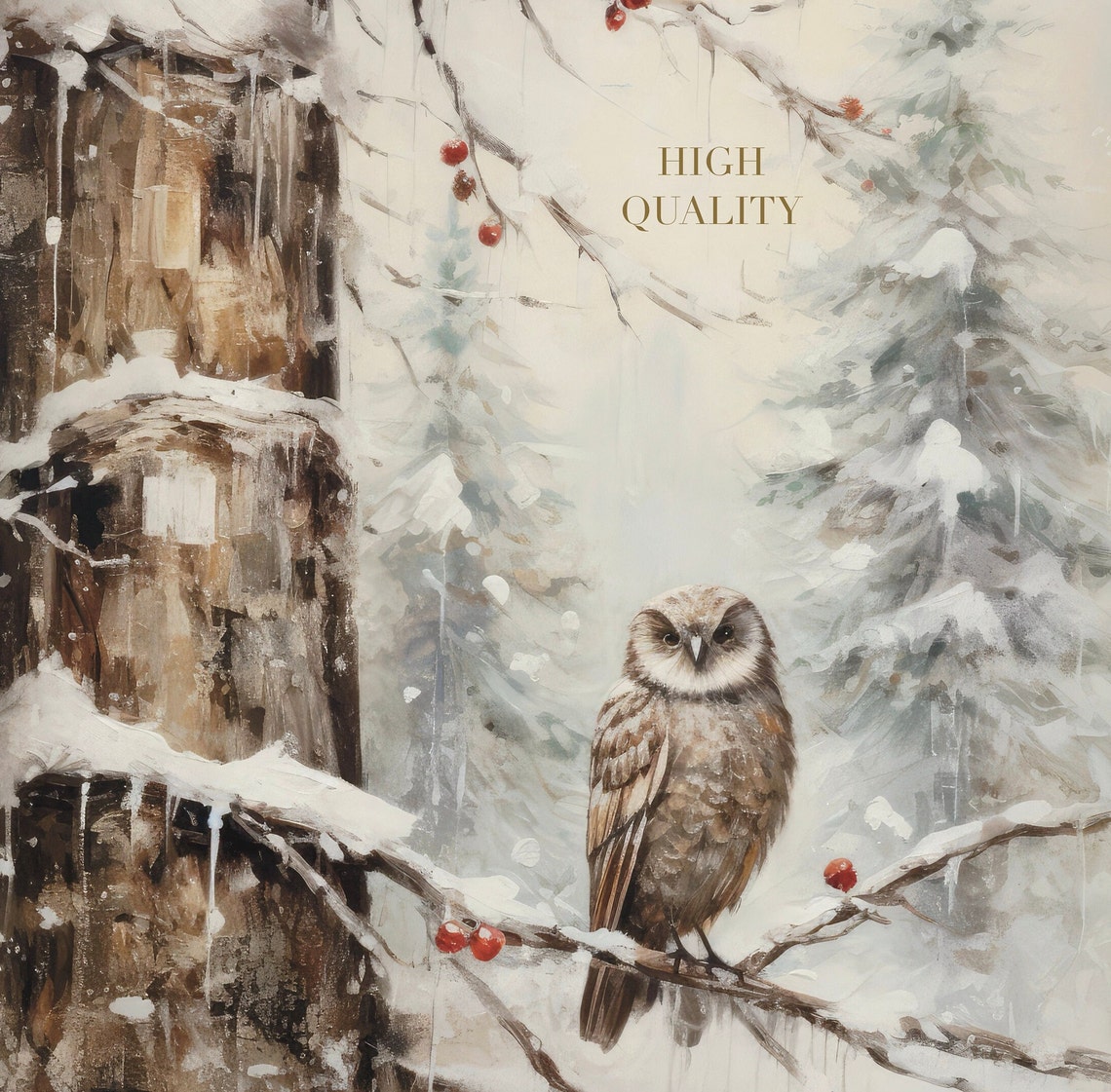 Winter Owl On Snowy Branch Red Berries Vintage Forest Poster - Image 6