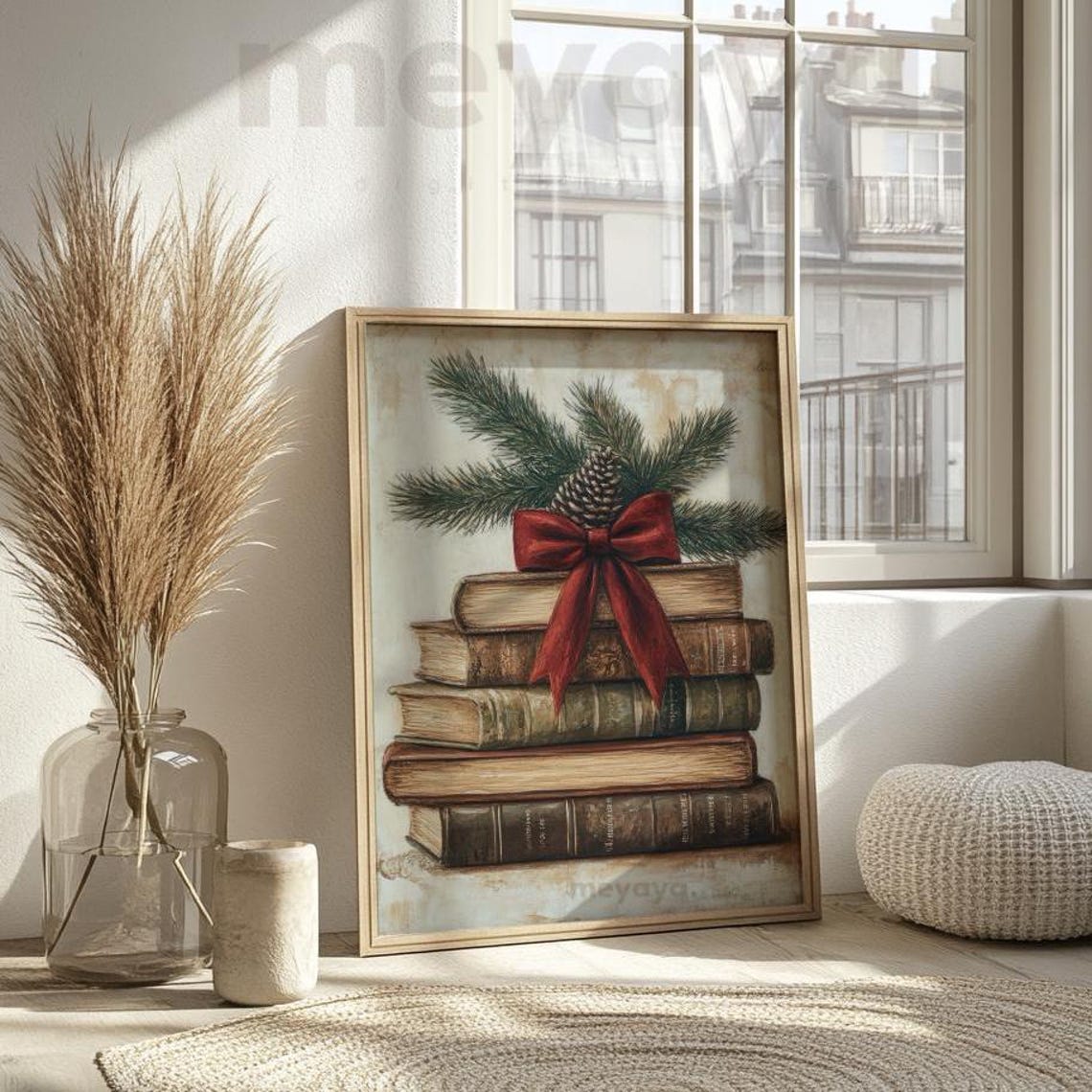 Vintage Books Stack Red Bow Pinecone Rustic Christmas Academia Poster - Image 6
