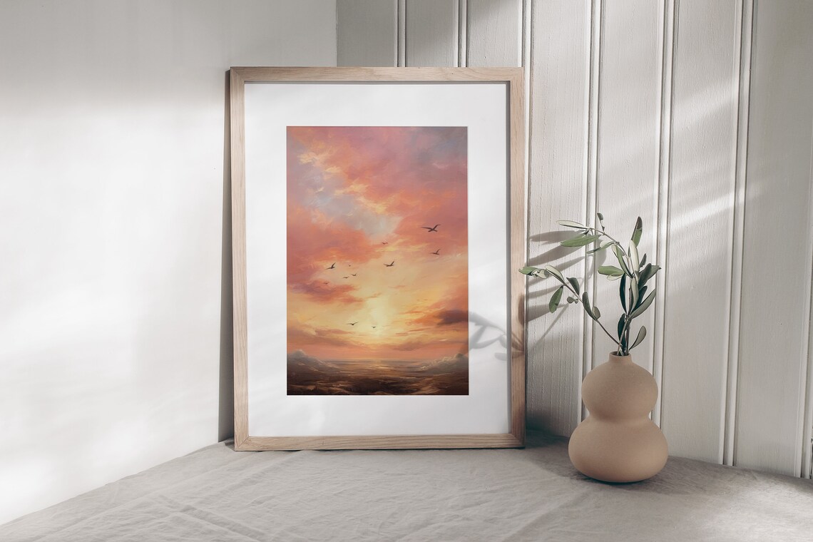 Pink Sunset Sky With Birds Seascape Oil Painting Romantic Poster - Image 2