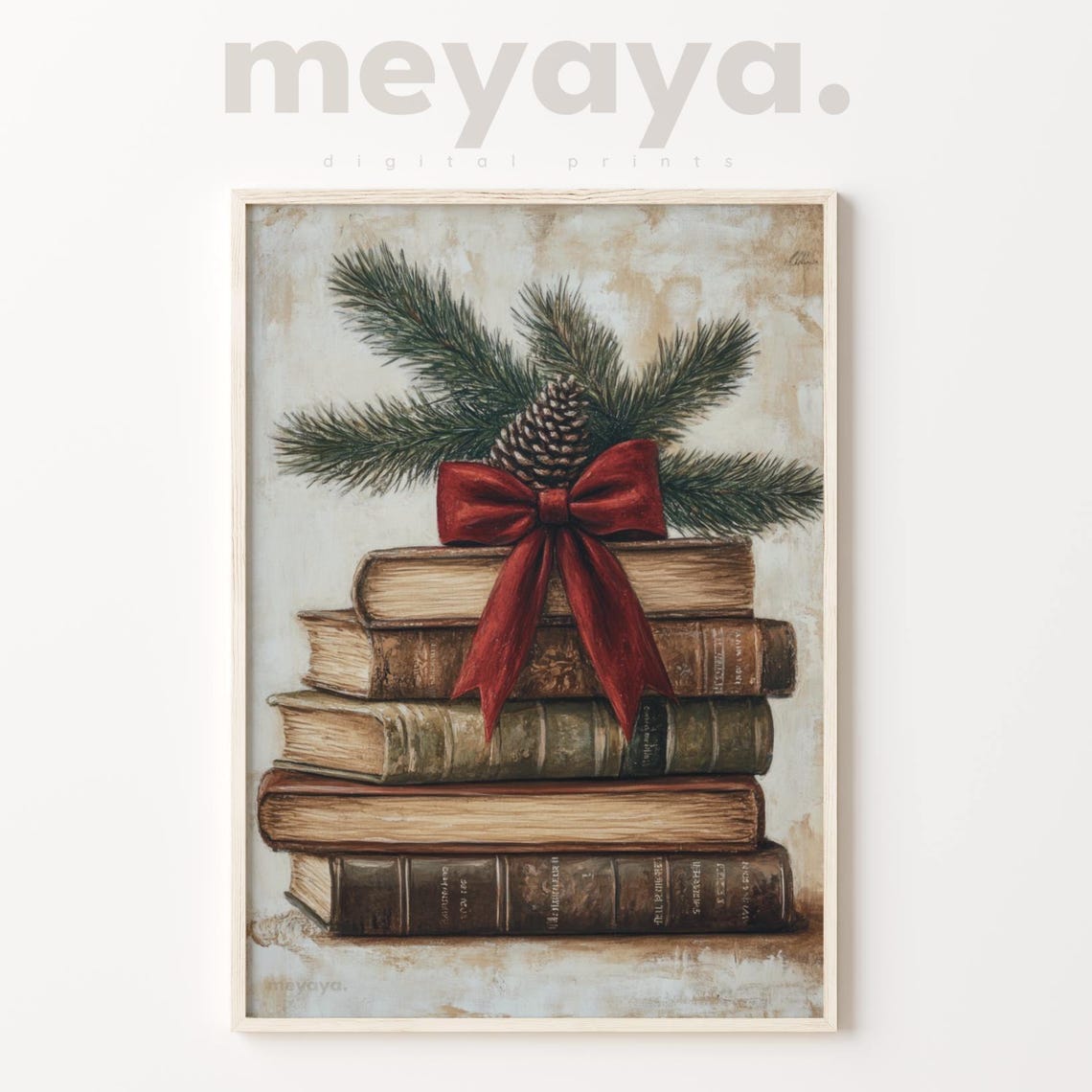 Vintage Books Stack Red Bow Pinecone Rustic Christmas Academia Poster - Image 3