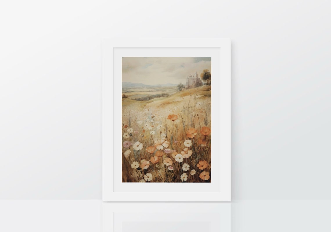 Sunlit Golden Wildflower Meadow With Distant Old Castle Vintage Poster - Image 2