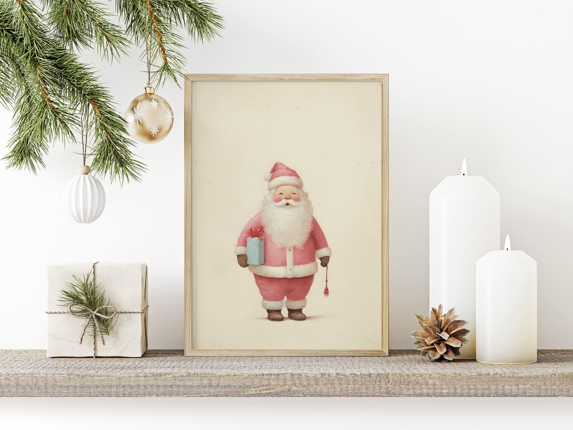 Adorable Pink Santa Claus Holding Gift Pastel Christmas Nursery Poster - Image 3