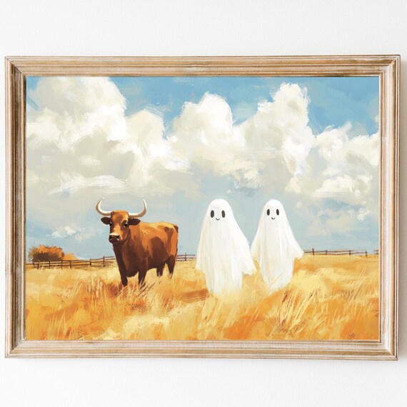 Longhorn Cow and Two Ghosts Golden Pasture Painting Wall Poster
