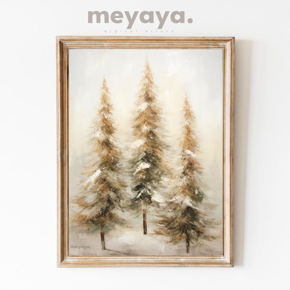 Rustic Winter Pine Tree Print Pine Tree Painting Vintage Holiday Decor Christmas Moody Winter Art Farmhouse Christmas Decor