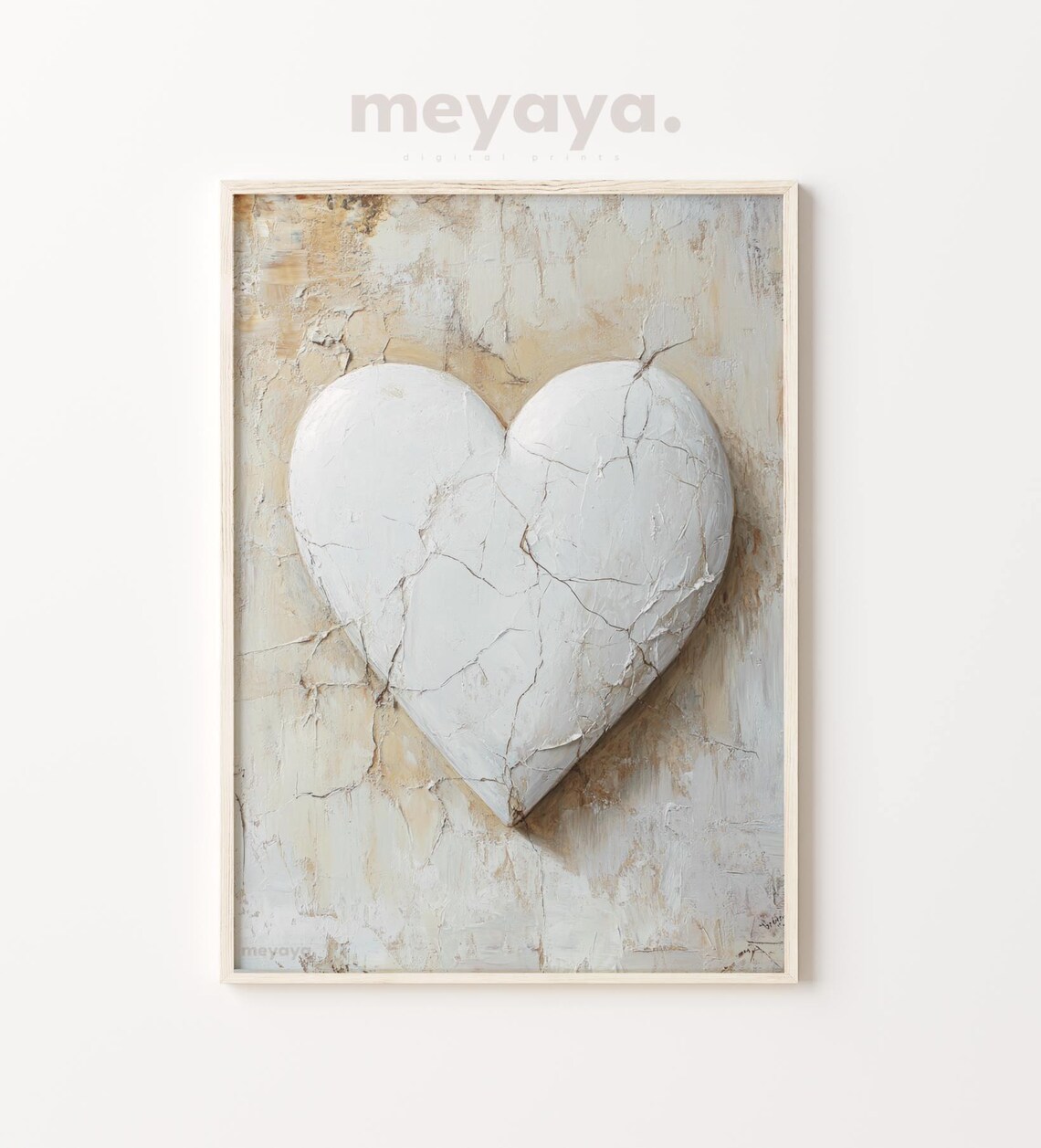 White Cracked Plaster Heart Neutral Vintage Romantic Wall Print - Image 3