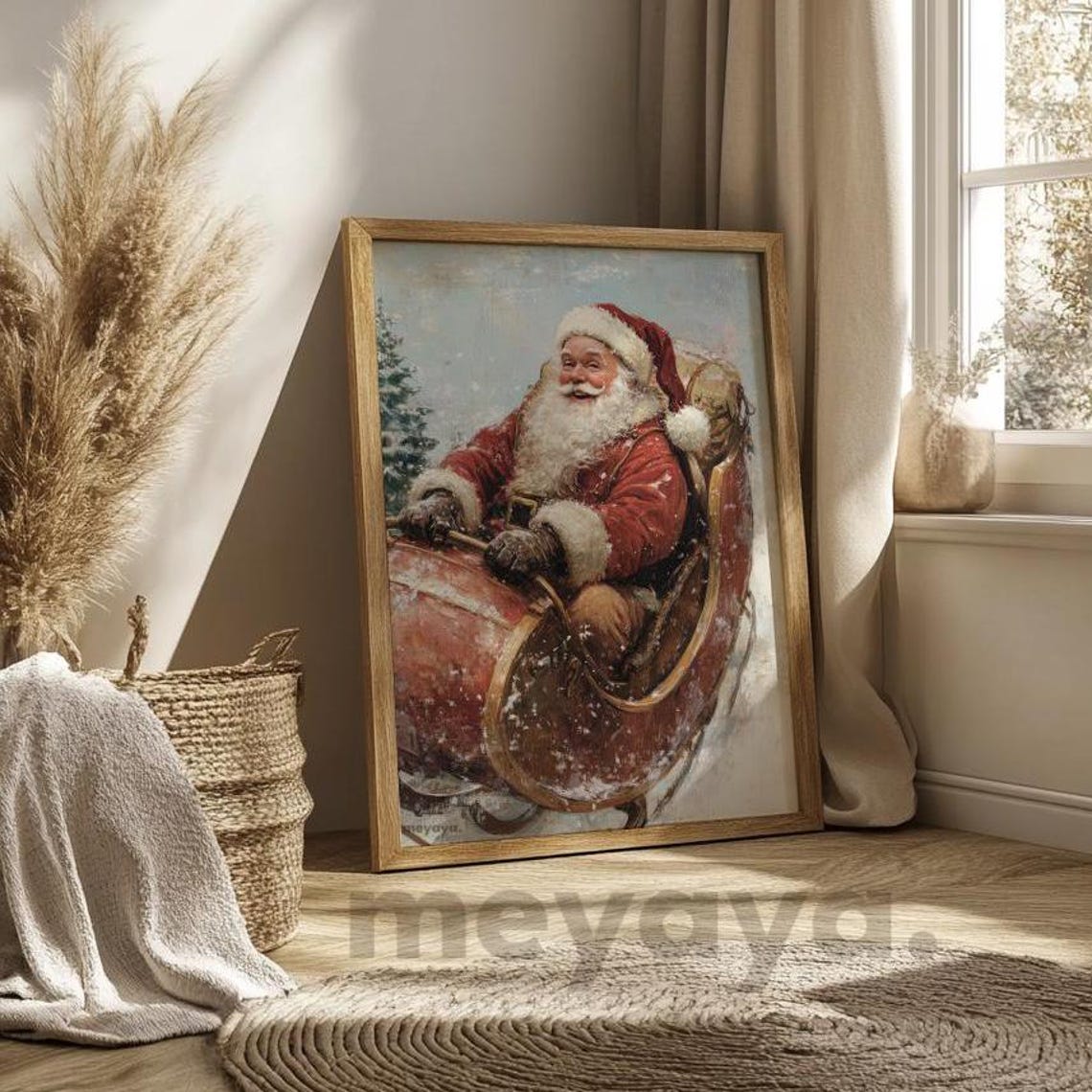 Santa Claus Sleigh Ride Snowy Winter Vintage Christmas Poster - Image 6