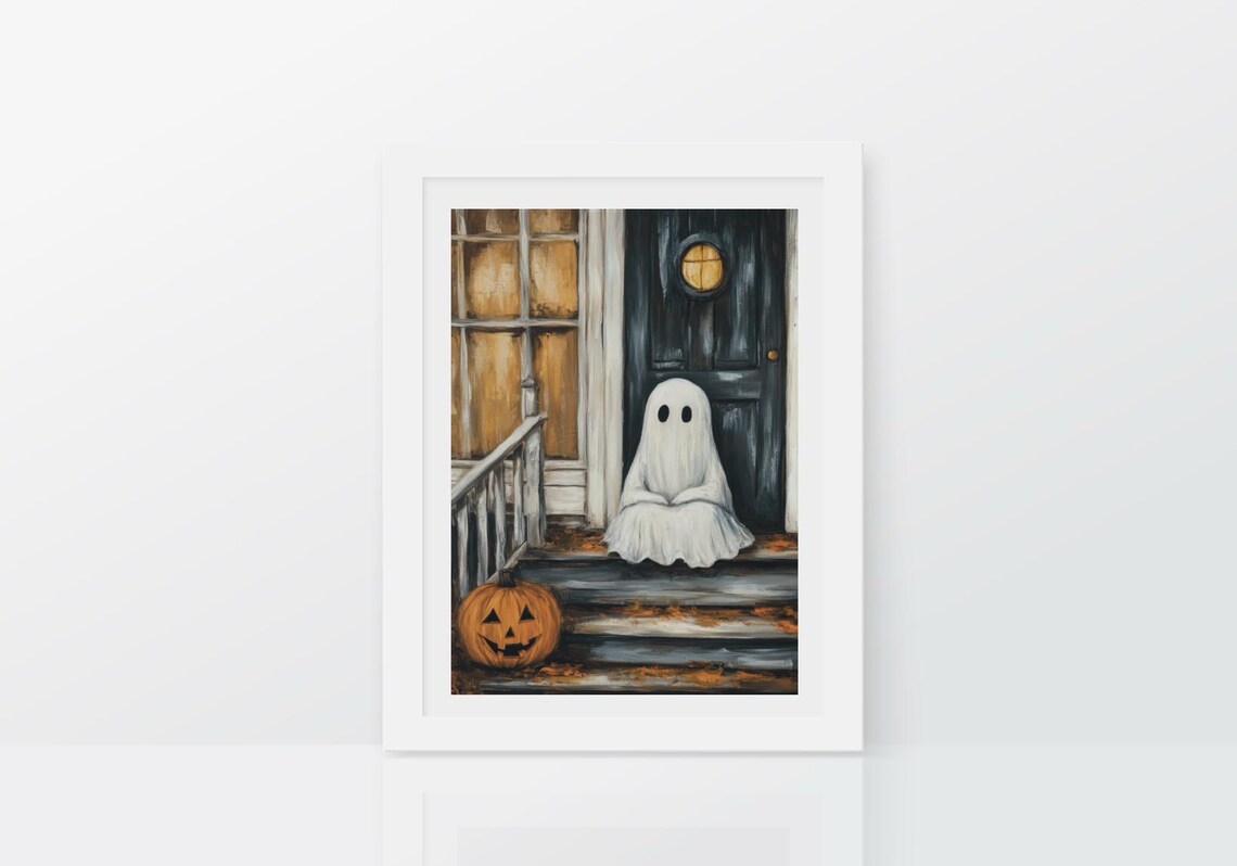 Cute Ghost Sitting On A Rustic Doorstep Next To A Jack O Lantern Poster - Image 3