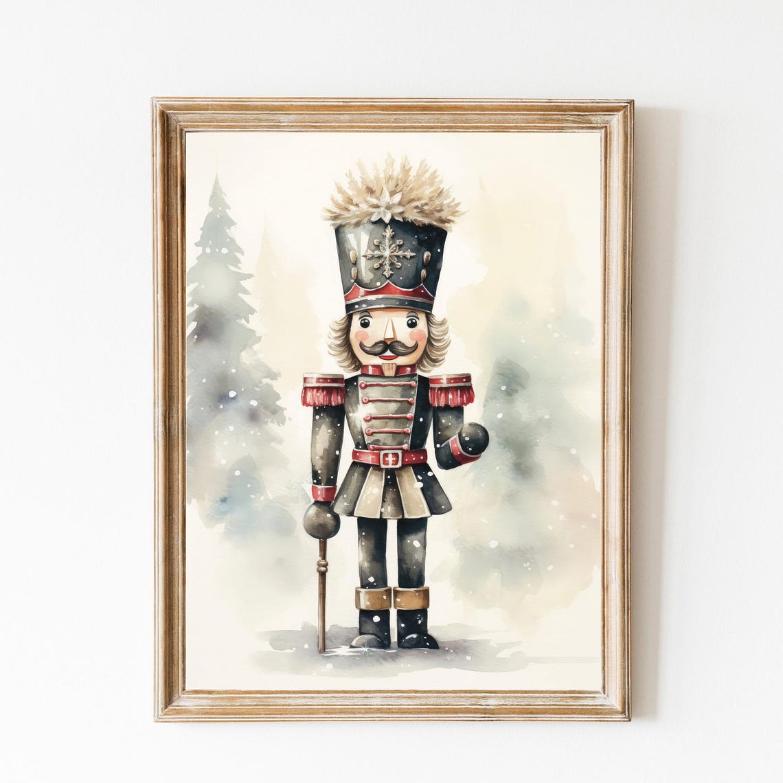 Watercolor Nutcracker In Dark Uniform With Snowy Christmas Poster