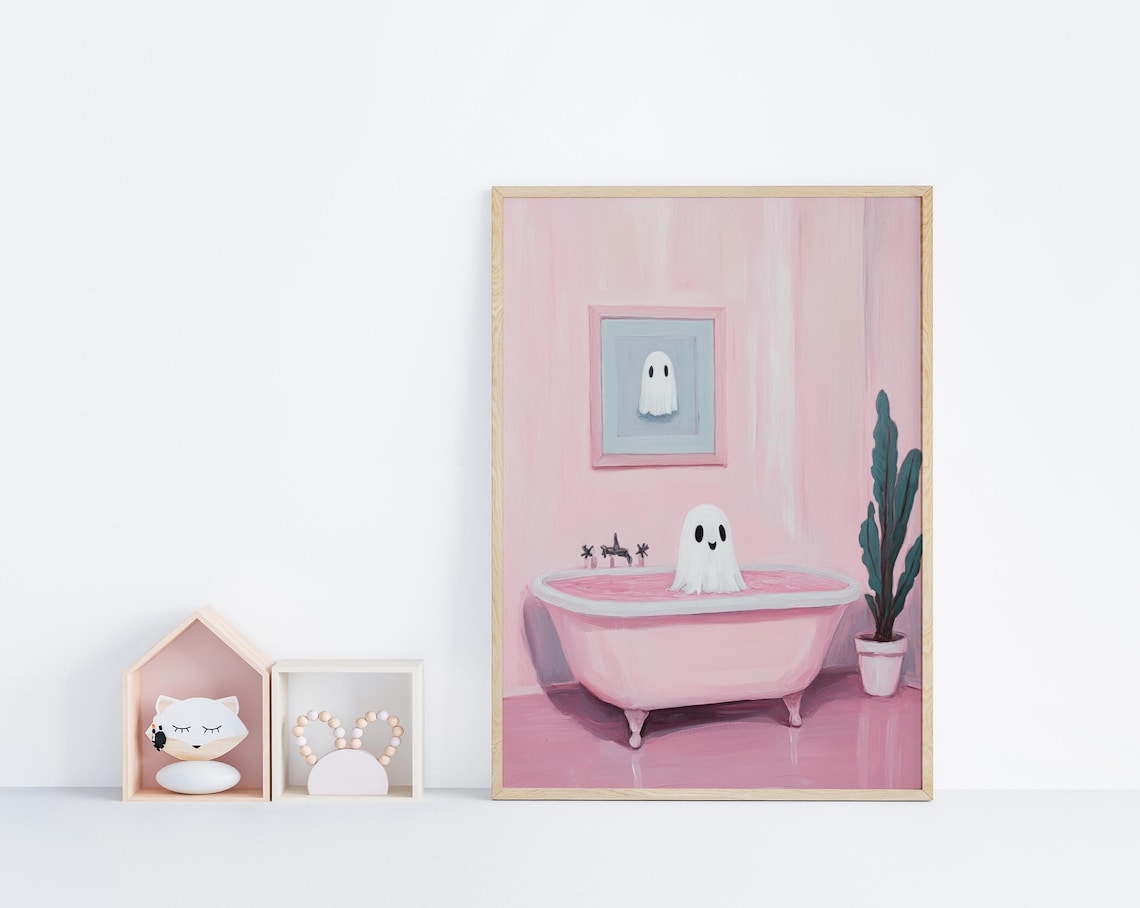 Cute Ghost In Bath Pink Halloween Art Print - Image 6