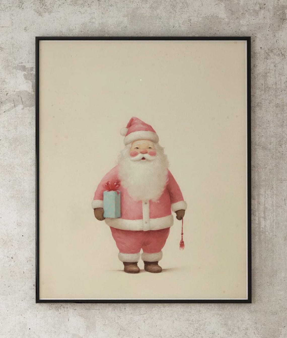 Adorable Pink Santa Claus Holding Gift Pastel Christmas Nursery Poster - Image 2