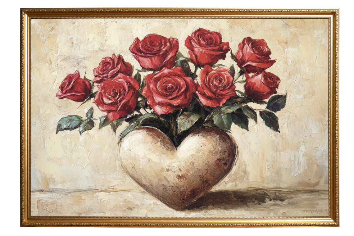Red Roses Heart Shaped Vase Vintage Romantic Floral Wall Print - Image 4