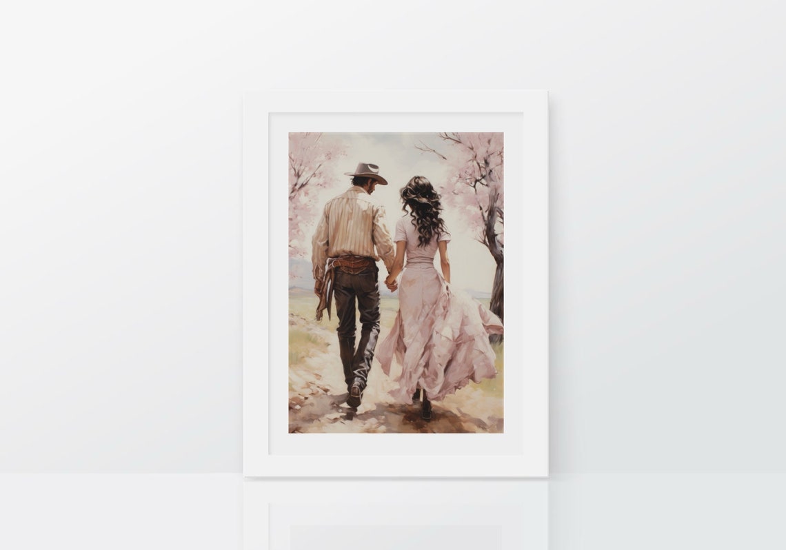 Cowboy Couple Walking Cherry Blossoms Romantic Western Poster - Image 2