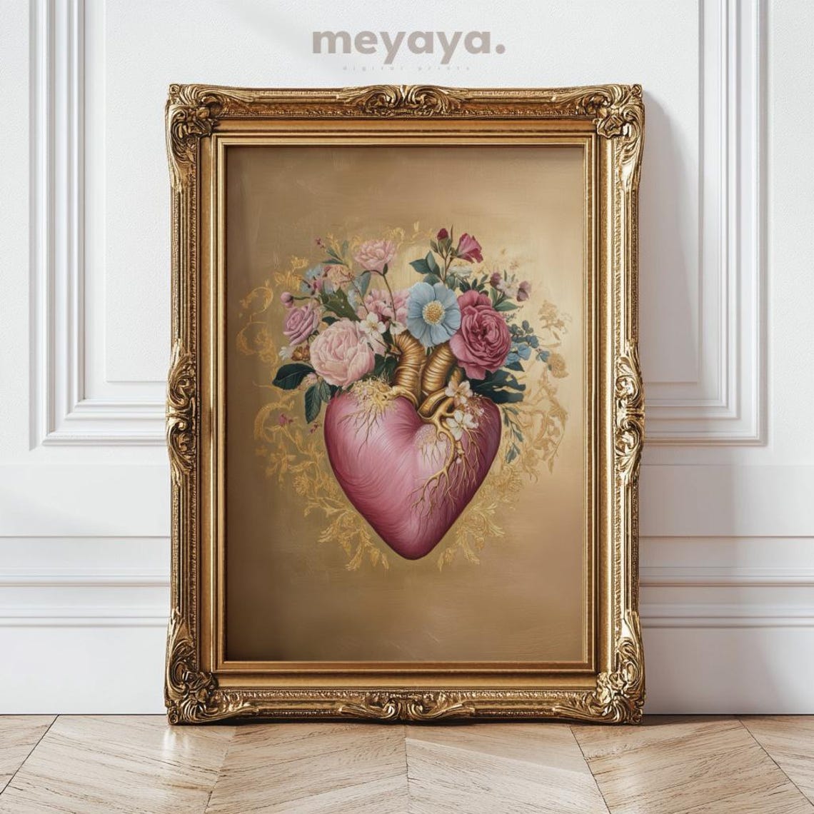 Floral Gold Pink Heart Print Anatomy Heart Painting Valentines Wall Art Cardiology Gift Anatomical Heart Art Pink Decor Mexican Art - Image 5