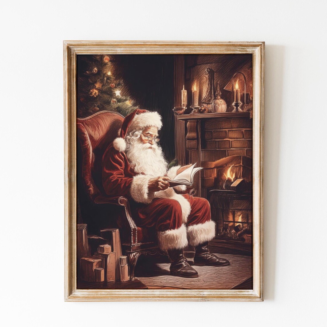Santa Claus Print Santa Reading A Book Vintage Christmas Painting Xmas Wall Art Red Santa Poster Christmas Dark Academia Holiday Decor