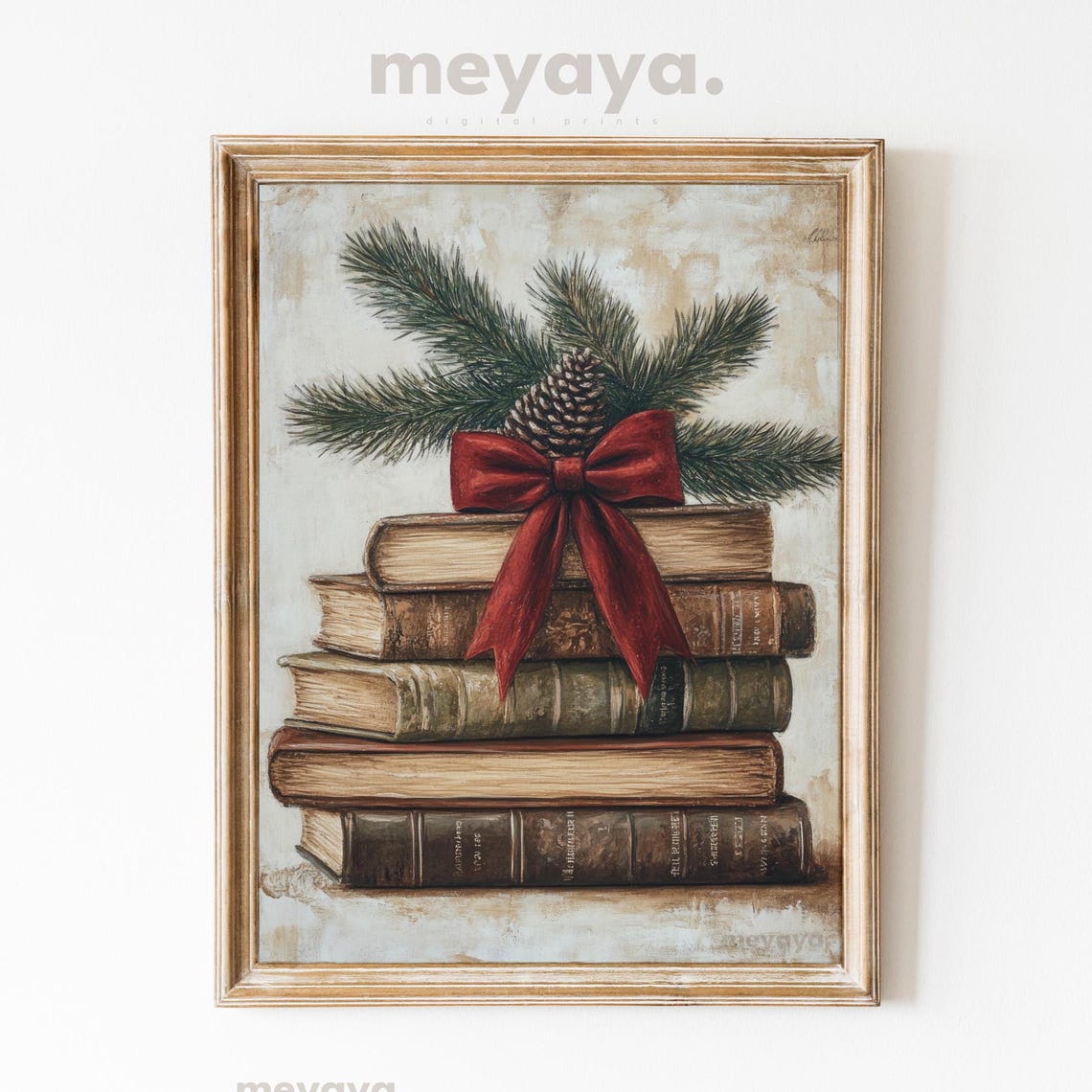 Vintage Books Stack Red Bow Pinecone Rustic Christmas Academia Poster