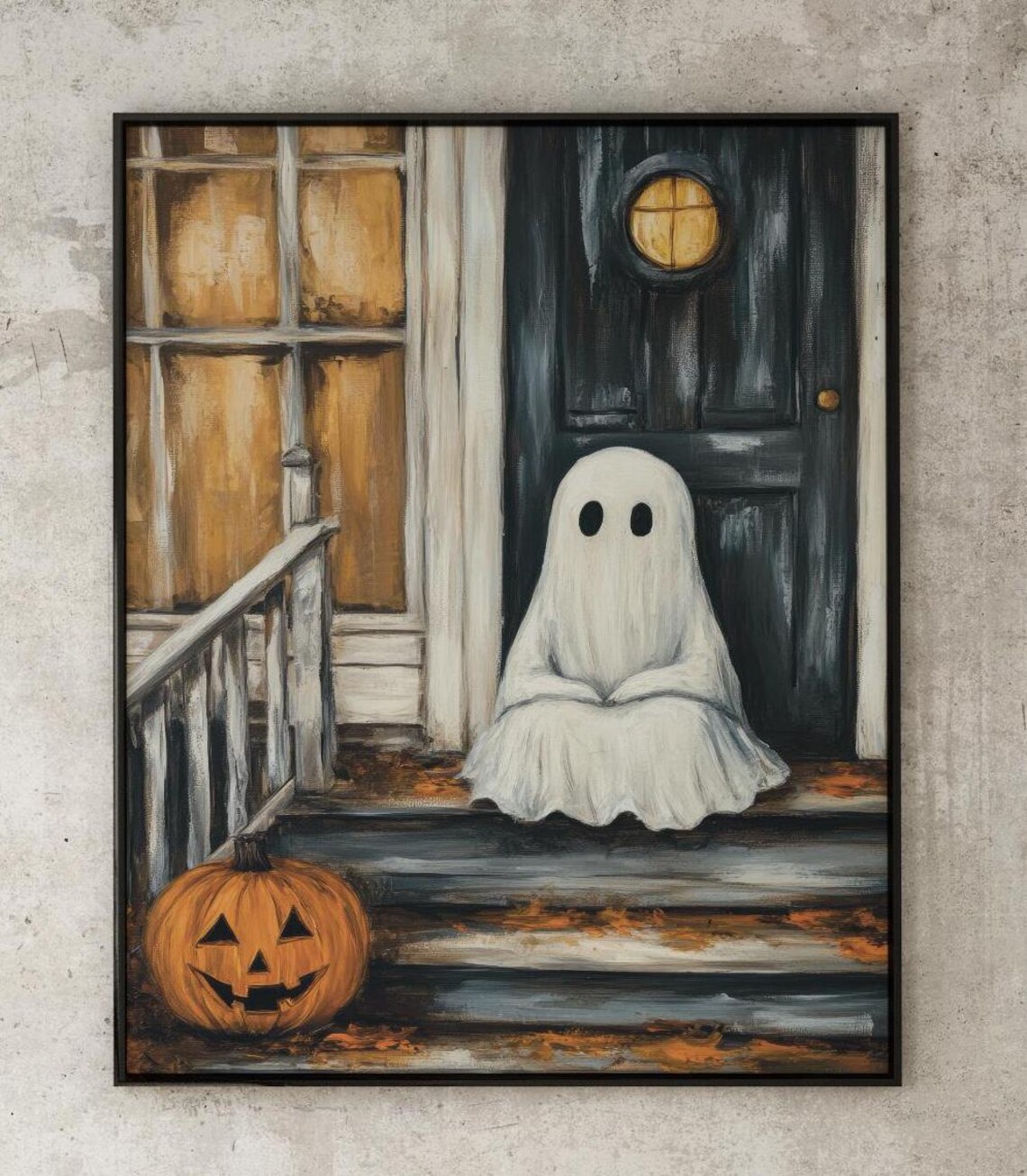Cute Ghost Sitting On A Rustic Doorstep Next To A Jack O Lantern Poster - Image 2