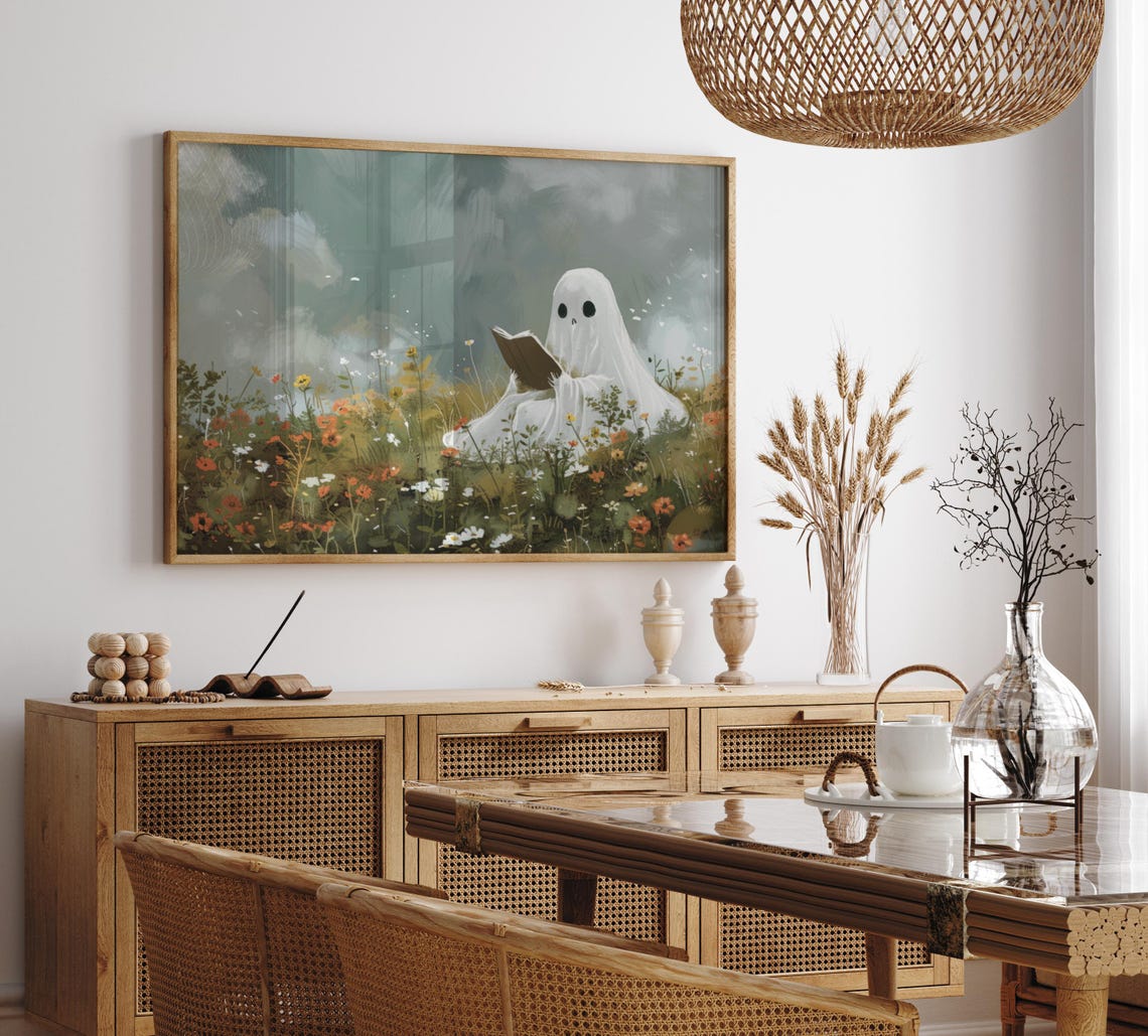 Cute Ghost Reading A Book In A Colorful Wildflower Field Poster - Image 6