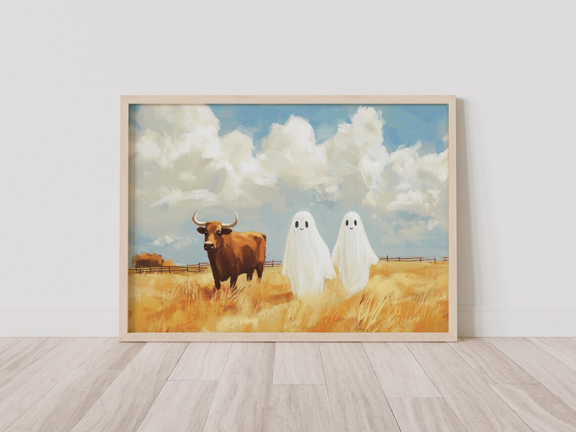 Longhorn Cow and Two Ghosts Golden Pasture Painting Wall Poster - Image 2
