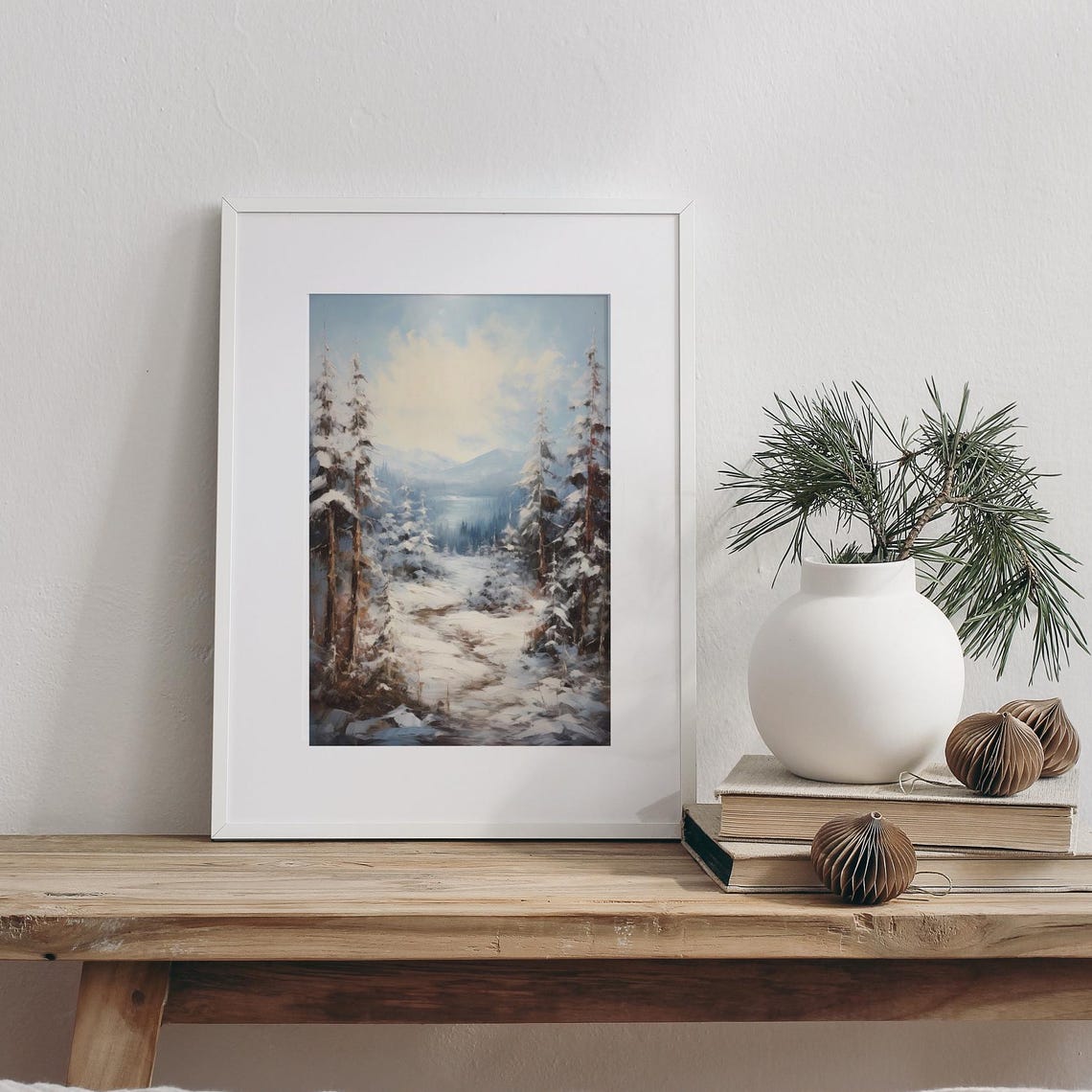 Snowy Pine Forest Winter Mountain Lake Vintage Landscape Poster - Image 2