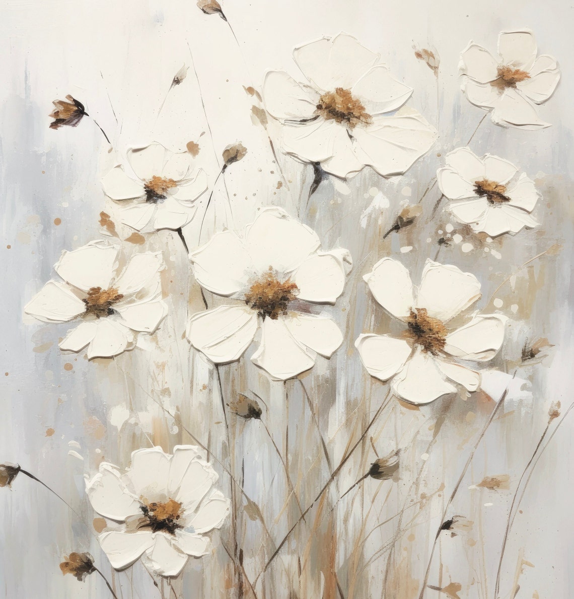 White Cosmos Flowers With Brown Centers On Beige Painting Poster - Image 6