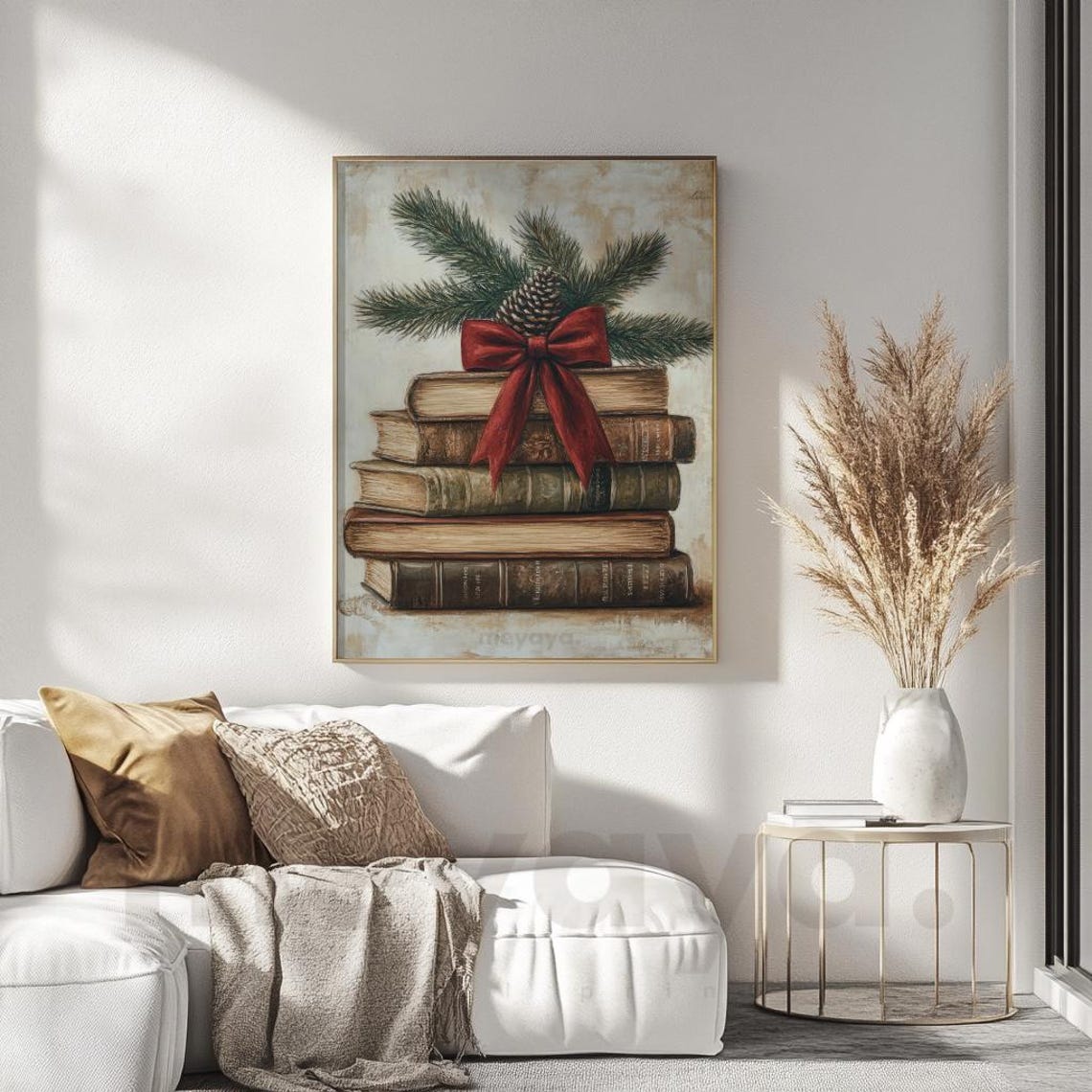 Vintage Books Stack Red Bow Pinecone Rustic Christmas Academia Poster - Image 2