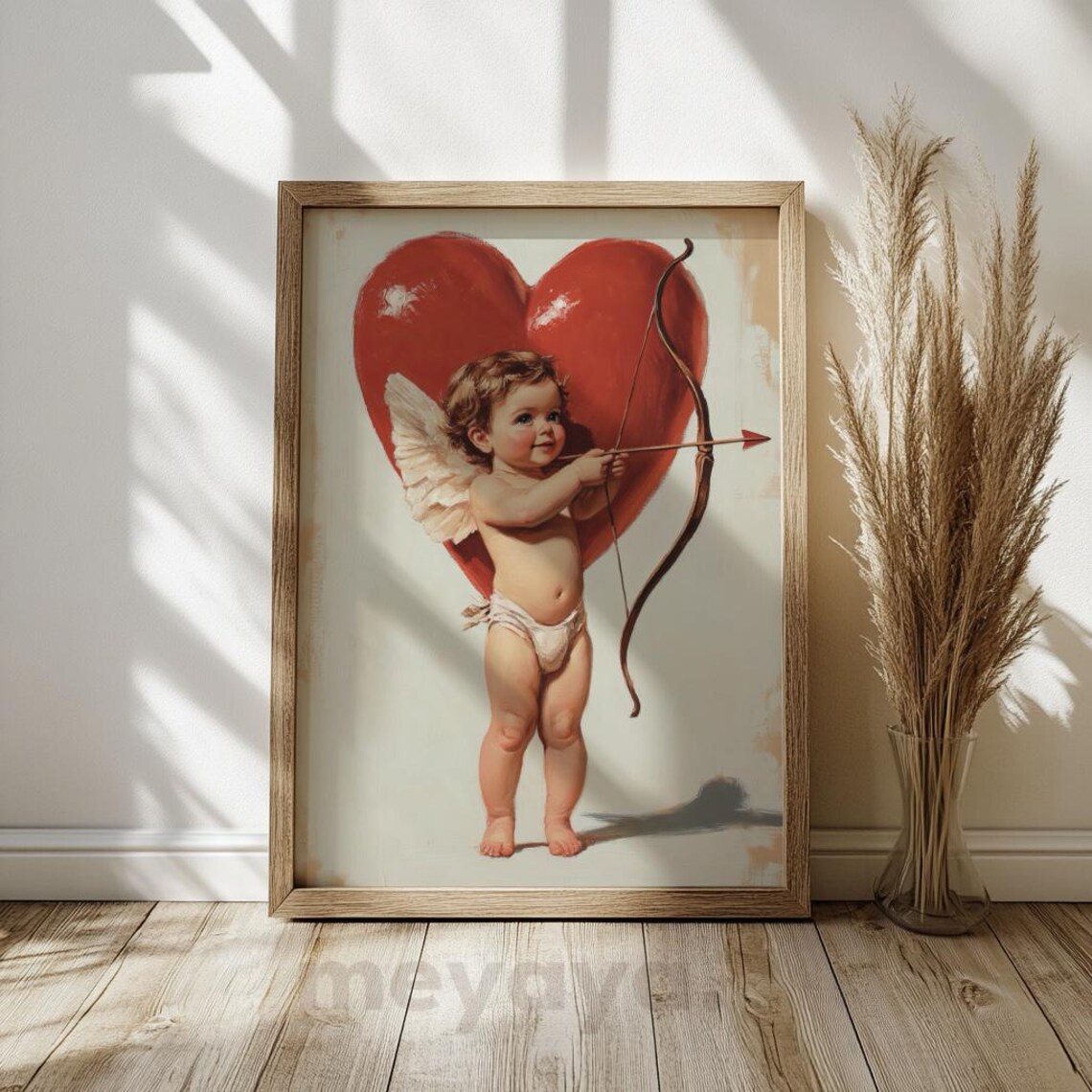Cupid Baby Archer Red Heart Vintage Romantic Painting Wall Print - Image 5