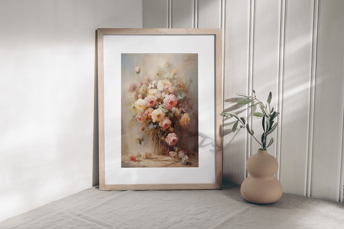 Soft Pink Roses Bouquet In A Vase Vintage Style Still Life Poster - Image 3