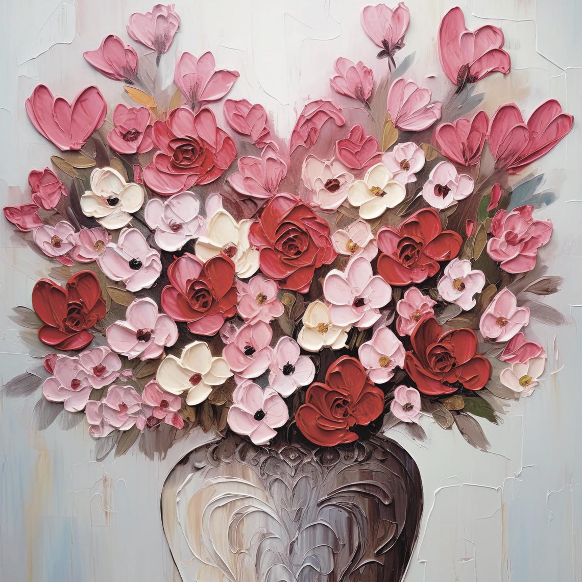 Pink Roses Impasto Vase Bouquet Textured Romantic Floral Wall Print - Image 6