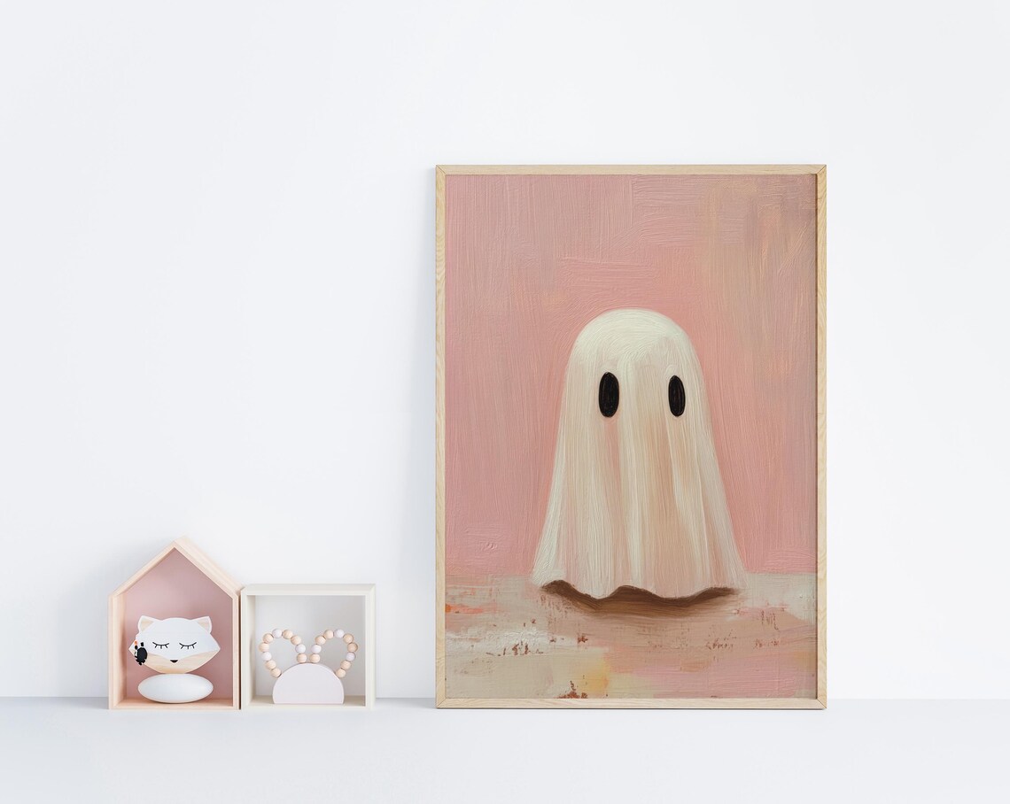 Cute Ghost On A Pink Background Impasto Oil Painting Spooky Poster - Image 5