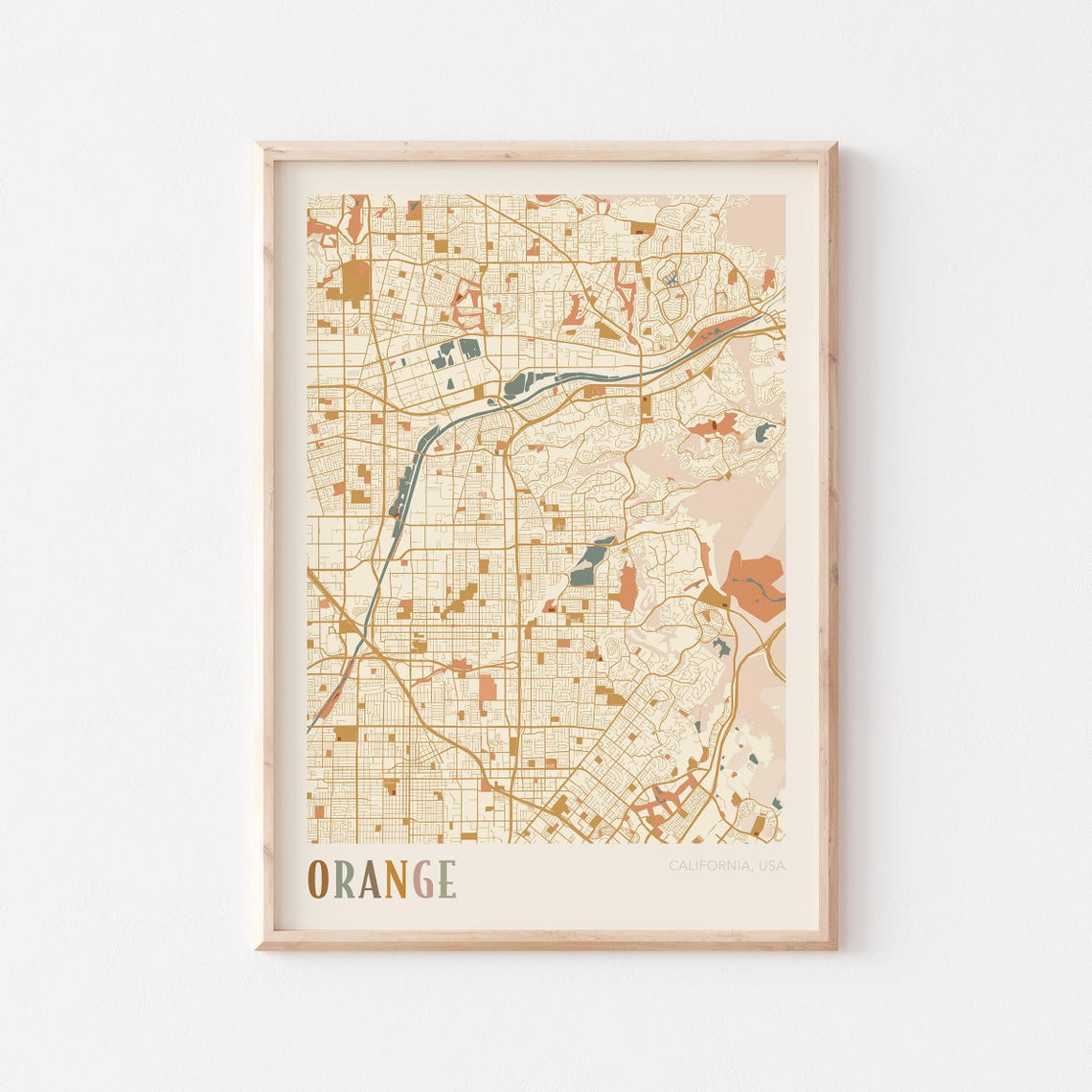 Orange California Warm Earth Tone City Street Map Art Decor Poster