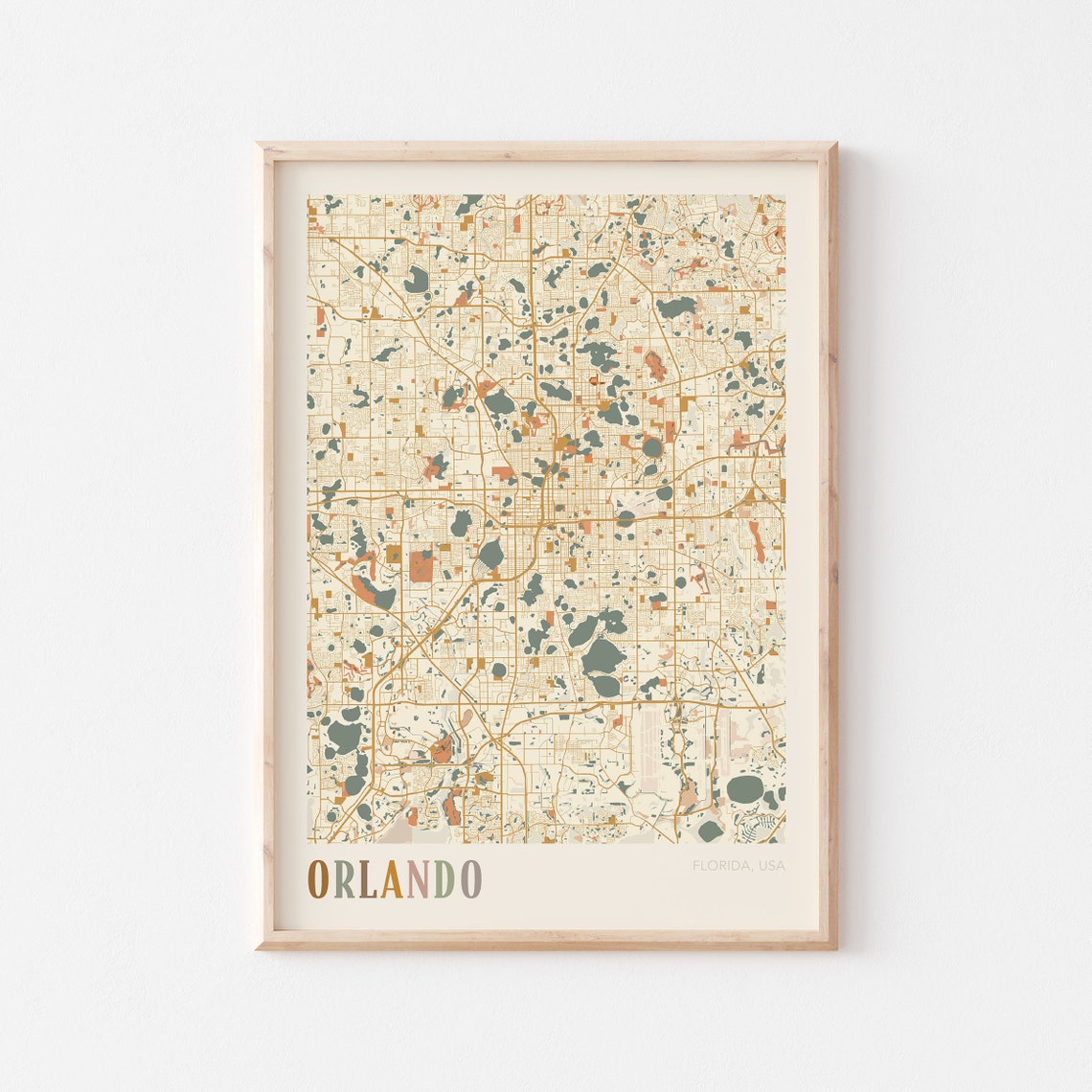 Orlando Florida City Map Poster Warm Retro Street Map Home Decor