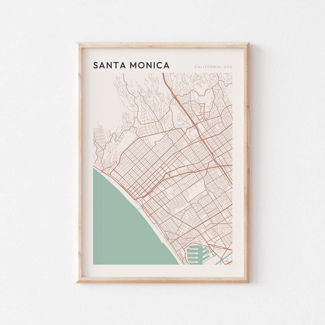 Santa Monica California Coastal Minimalist City Street Map Poster