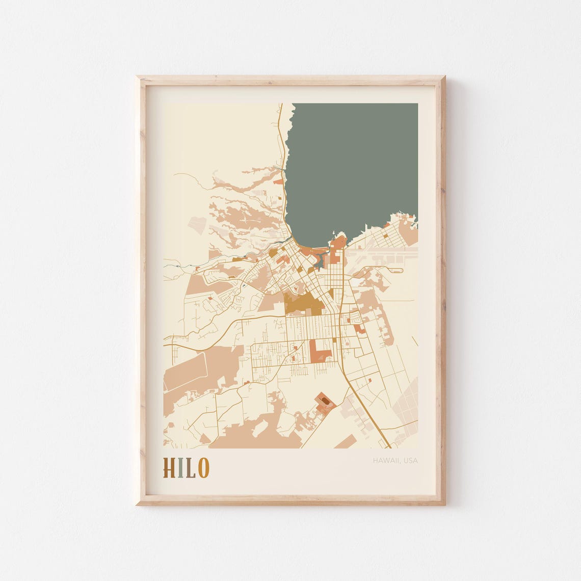 Hilo Hawaii Colorful Retro Coastal City Map Poster Boho Wall Decor
