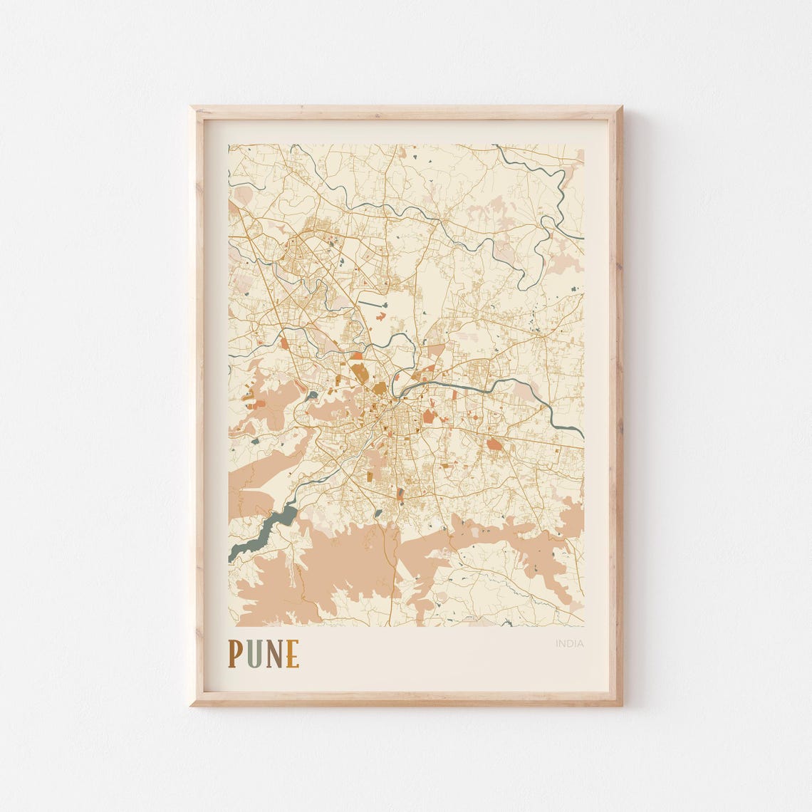 Pune India Modern Minimal City Map Warm Beige Travel Art Poster