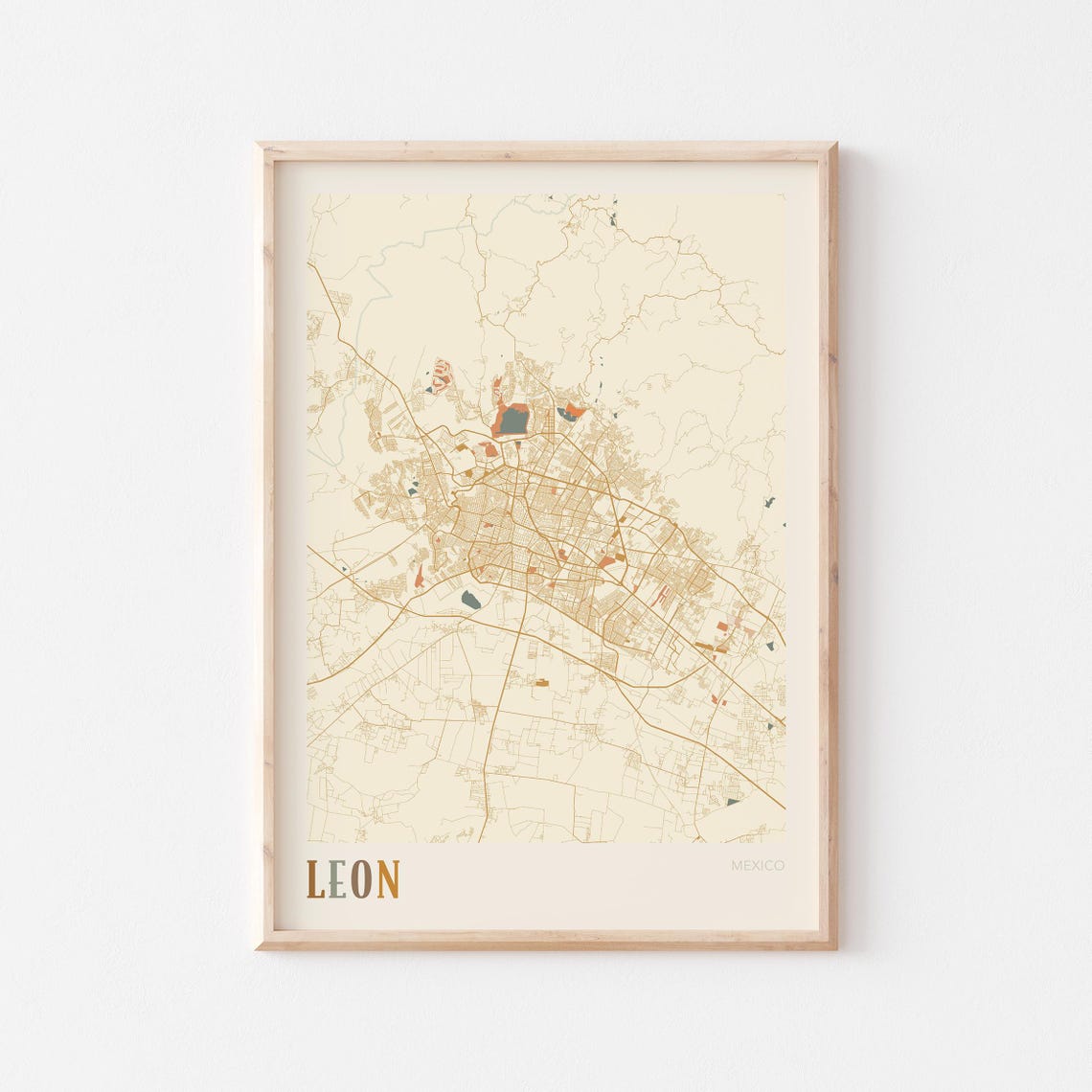 Leon Mexico City Street Map Boho Style Poster Travel Art Gift Wall