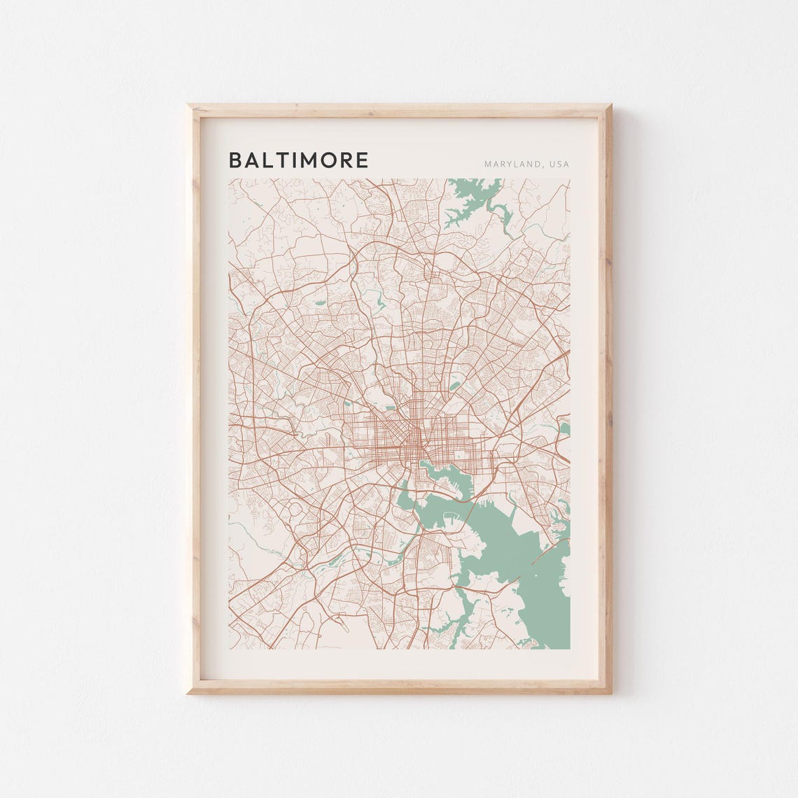 Baltimore Maryland Minimalist Sage Green Modern City Map Poster
