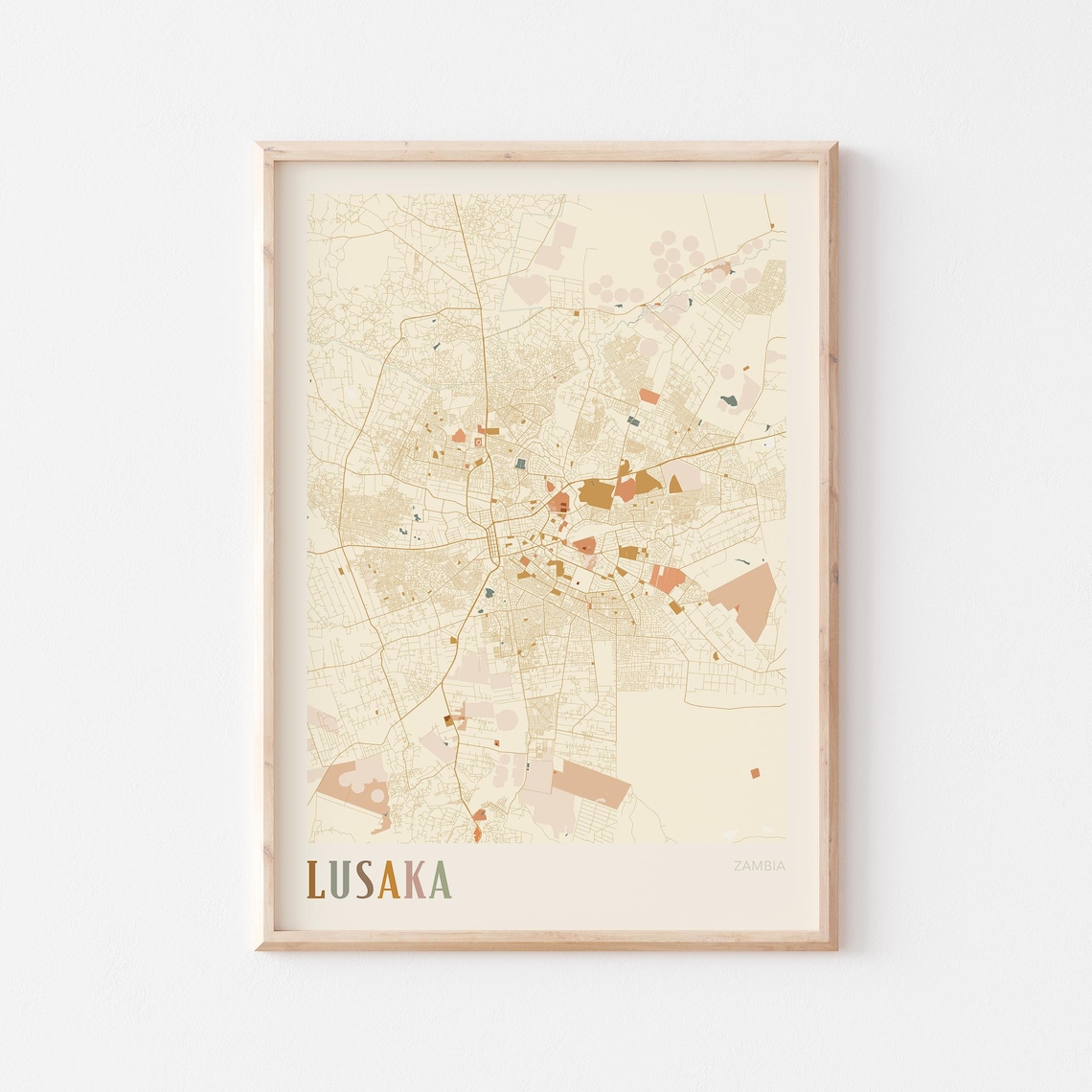 Lusaka Zambia Minimalist Beige City Street Map Poster Travel Gift