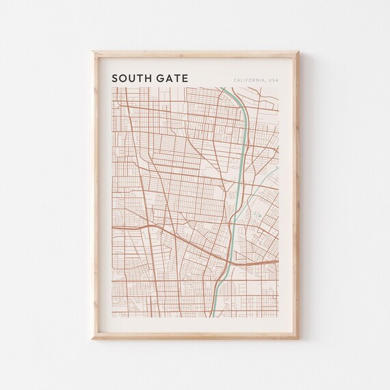 South Gate California Minimalist City Street Map Wall Decor Poster
